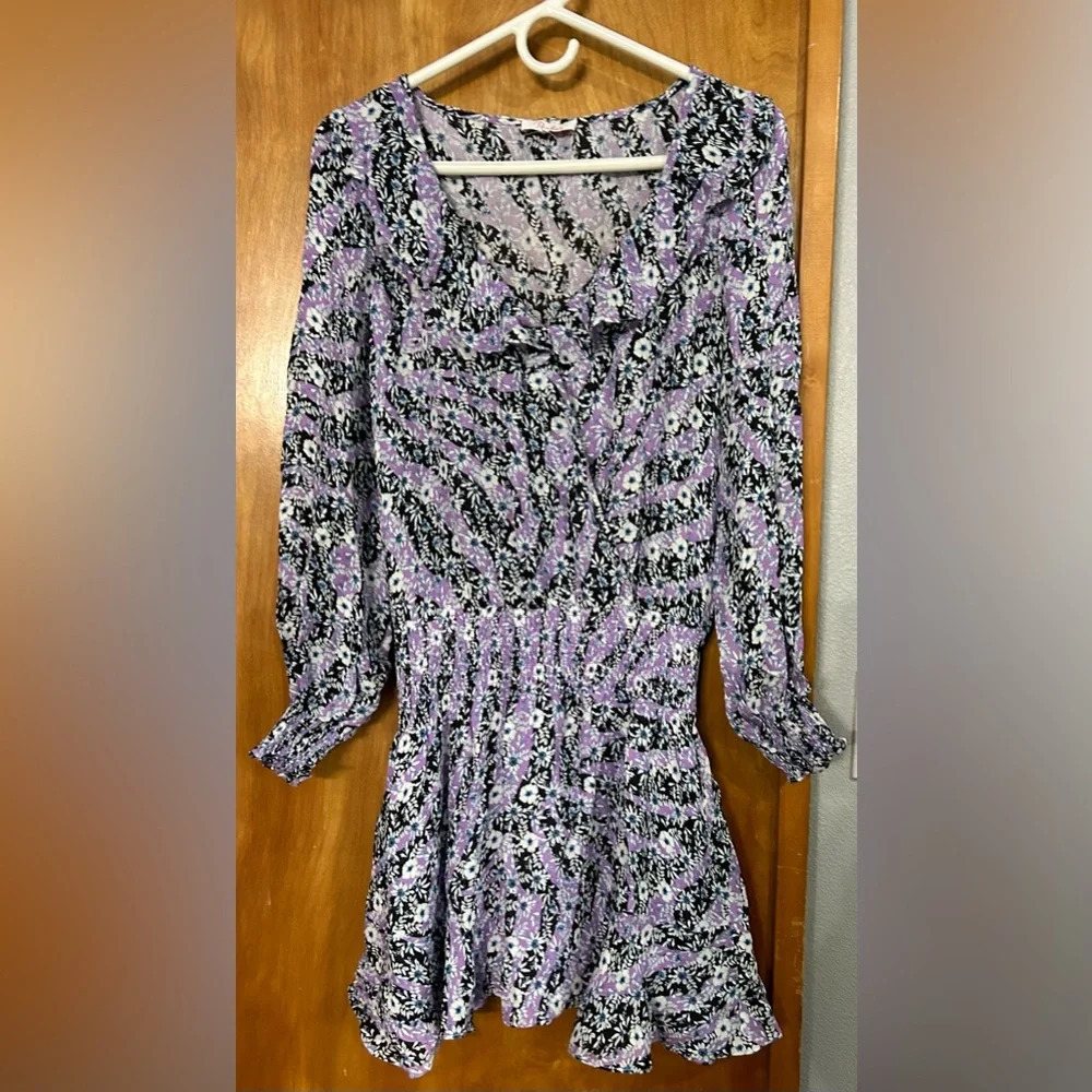 New Parker v neck ruffle smocked waist lavender floral mini dress size S